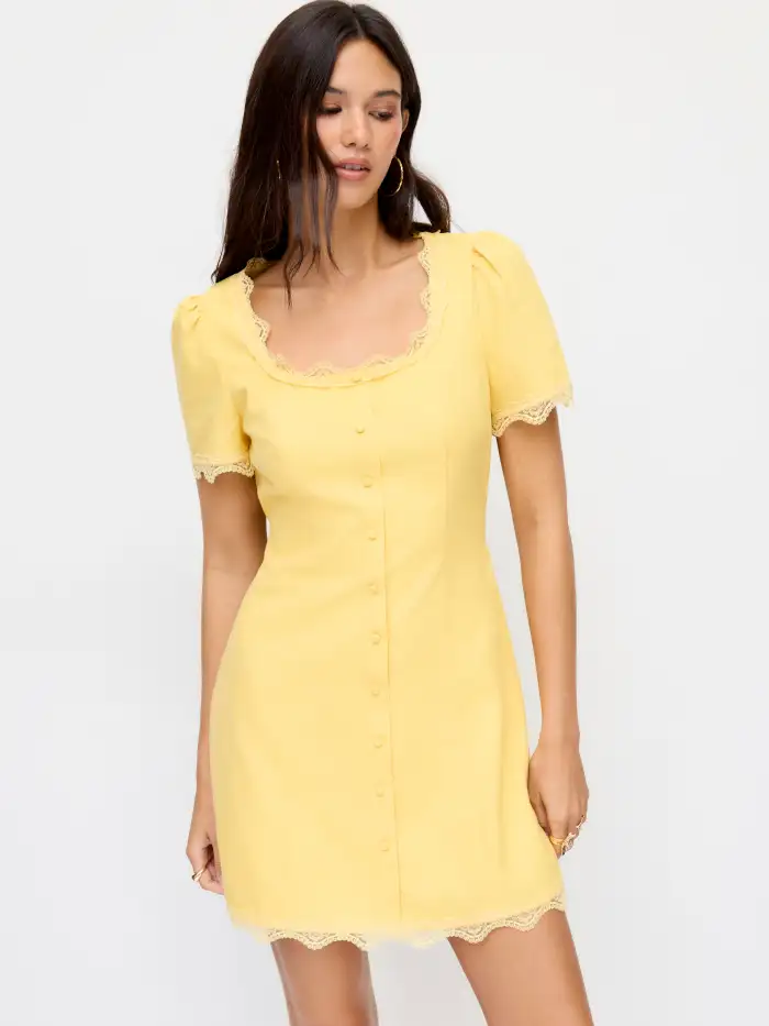 Linen-blend Linen-blend Square Neck Lace Trim Button Through A-line Mini Dress For Daily Casual Vacation Linen-blend Linen-blend Square Neck Lace Trim Button Through A-line Mini Dress For Daily Casual Vacation