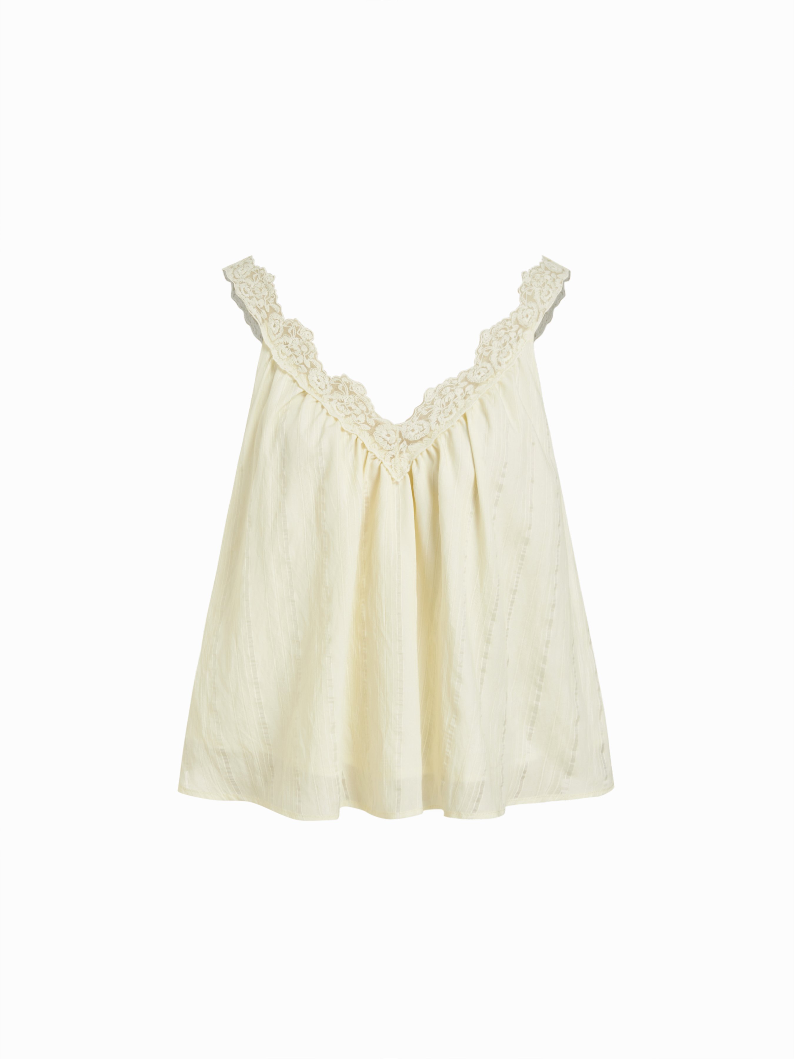 CIDER Woven Textured V-neck Ruched Lace Trim Tank Blouse For Daily Casual Vacation