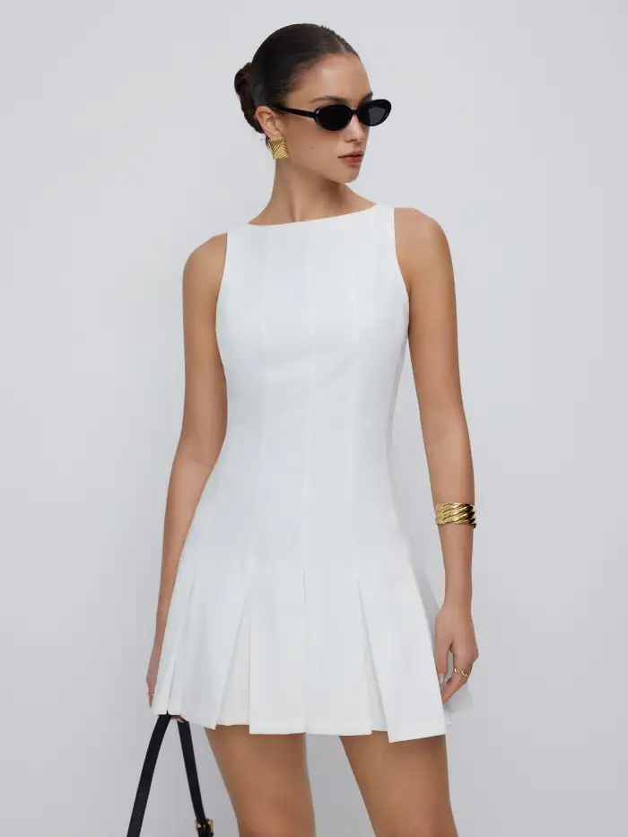 white boat neck a line mini dress Boat Neck Mini Dress in White