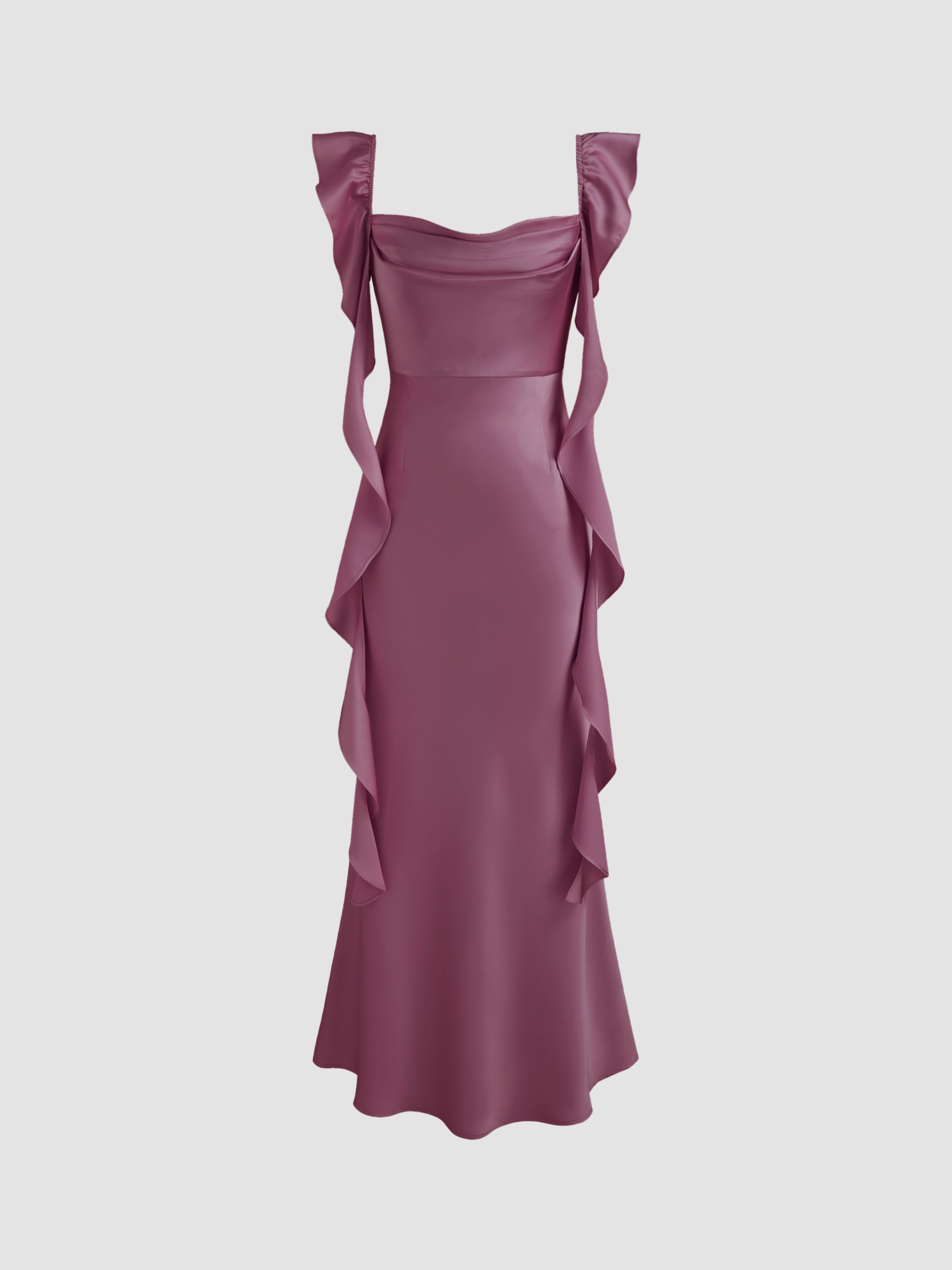solid ruched u neckline ruffle maxi dress Solid Ruched U-neckline Ruffle Maxi Dress
