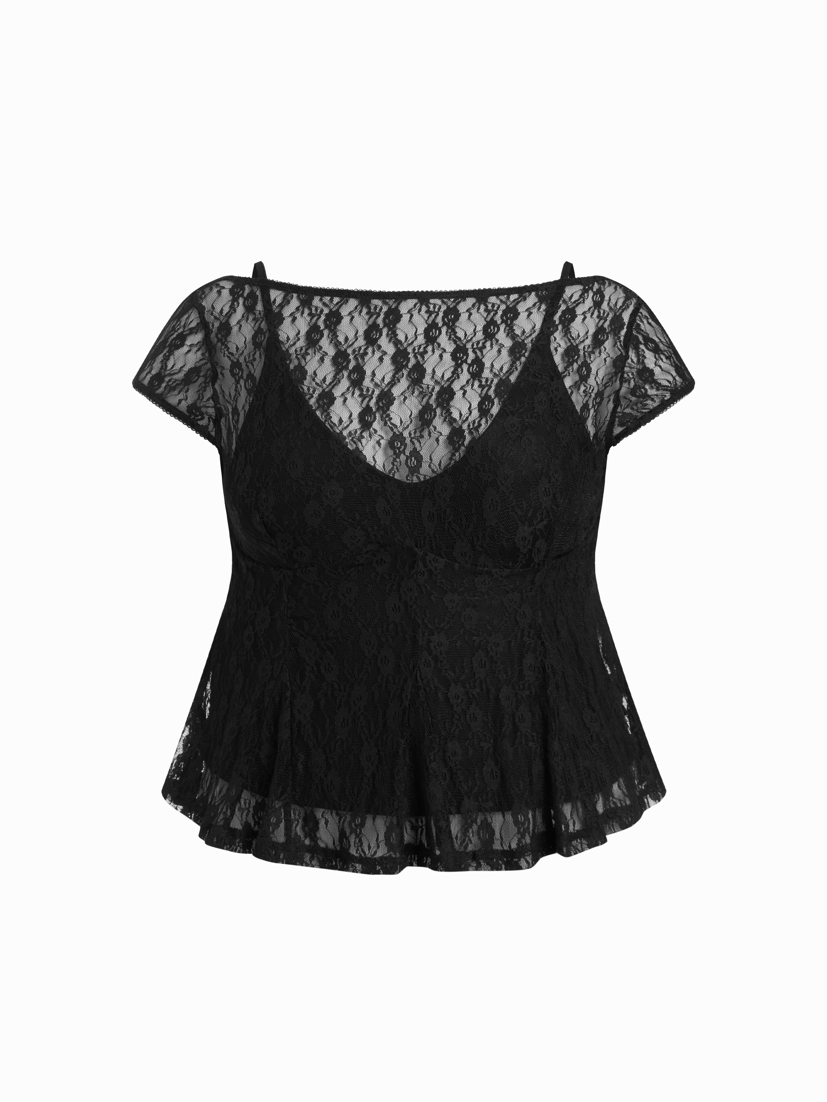 Lace Lace Boat Neck Short Sleeve Backless Blouse & Cami Top Set