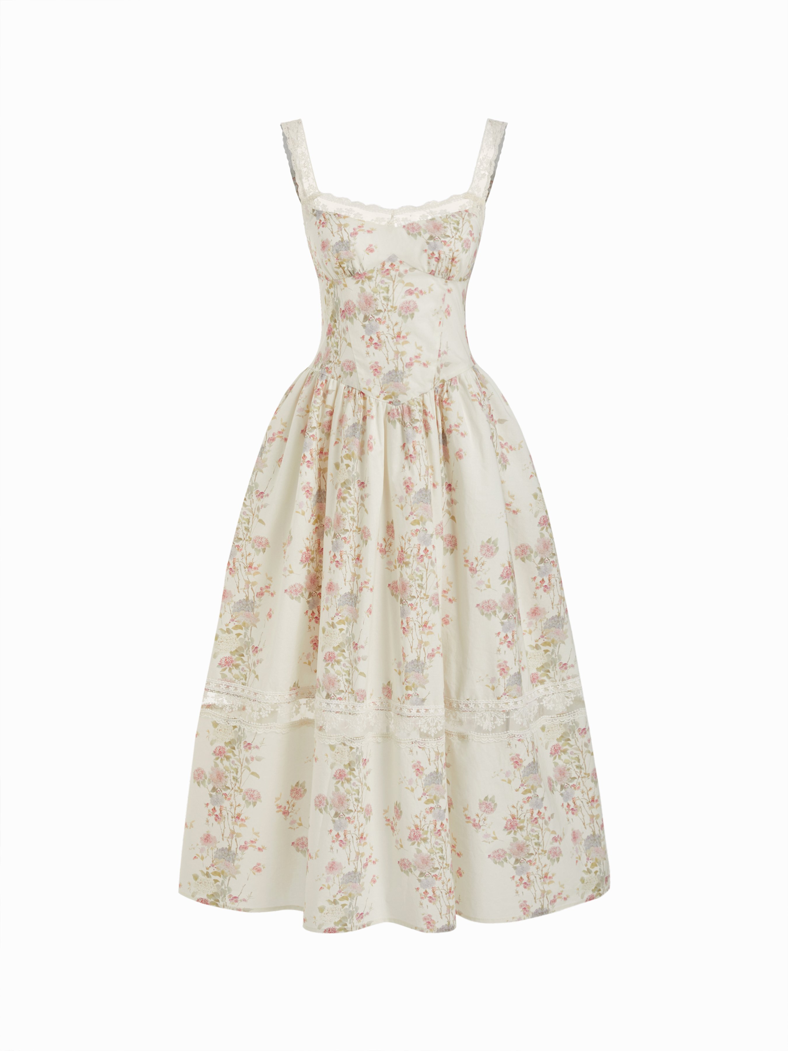 【美品】Lace Trimmed Floral Dress Woven Cotton-blend Floral Sweetheart Lace Trim Milkmaid Mixi Dress