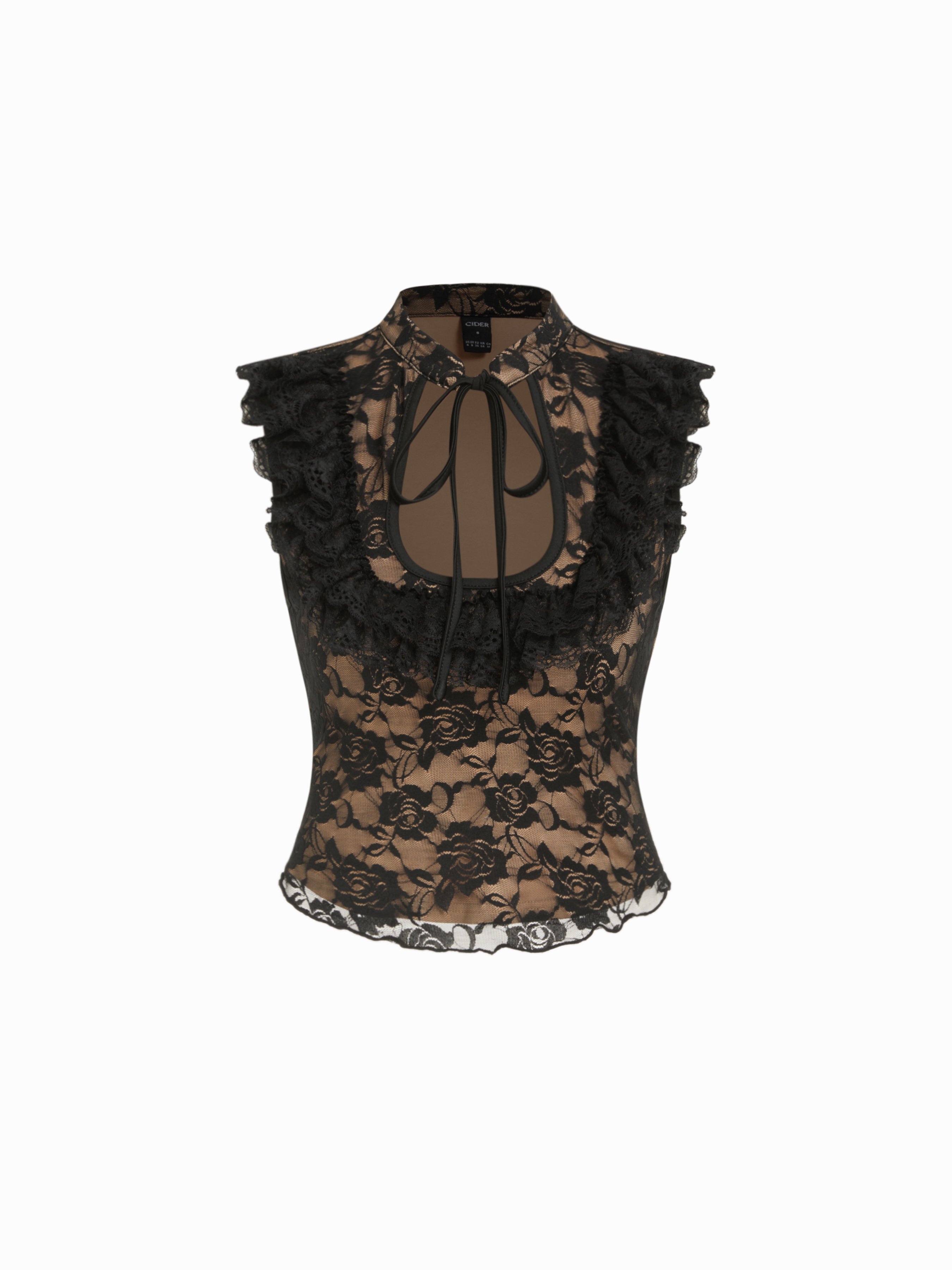 Lace Lace Floral Mandarin Collar Tie Front Top For Date