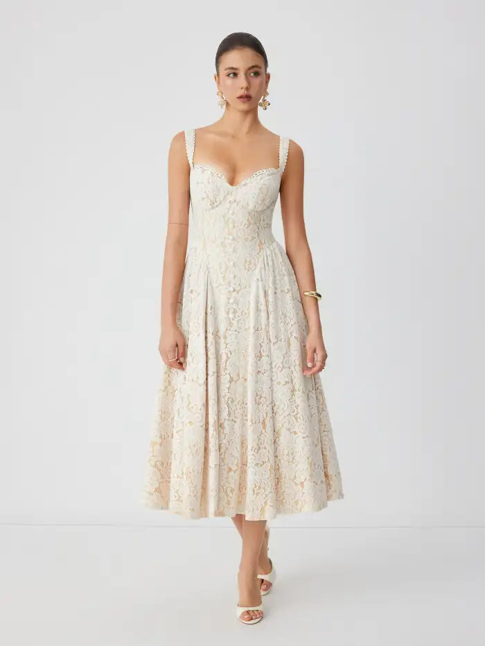 Knit Fabric Cotton-blend Textured Lace Sweetheart Neck Flared Midi Dress For Date Wedding