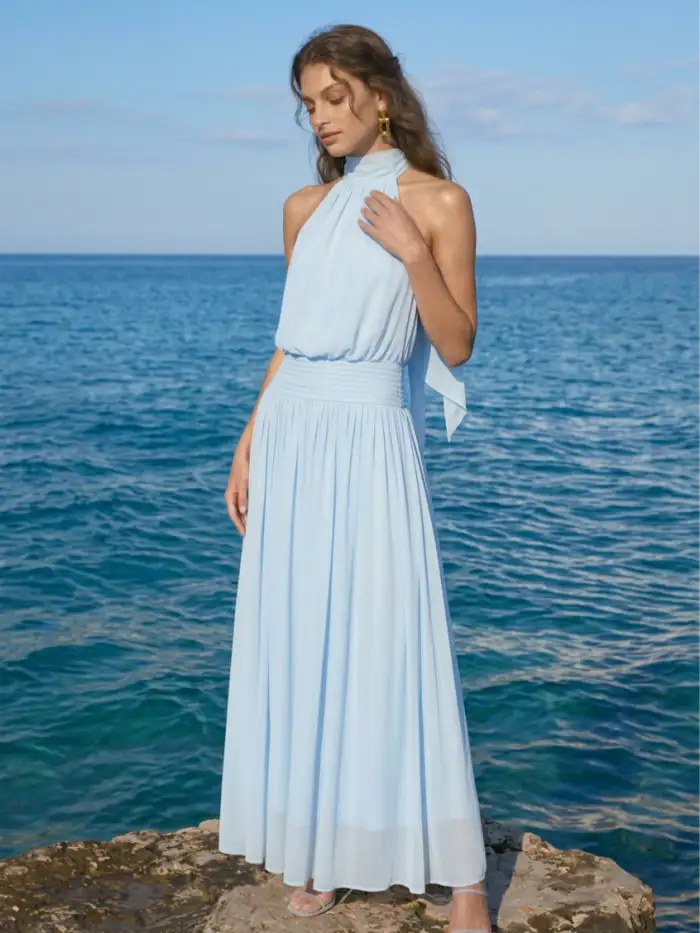 Chiffon Chiffon Halter Neckline Backless A-Lined Maxi Dress For Date  Vacation