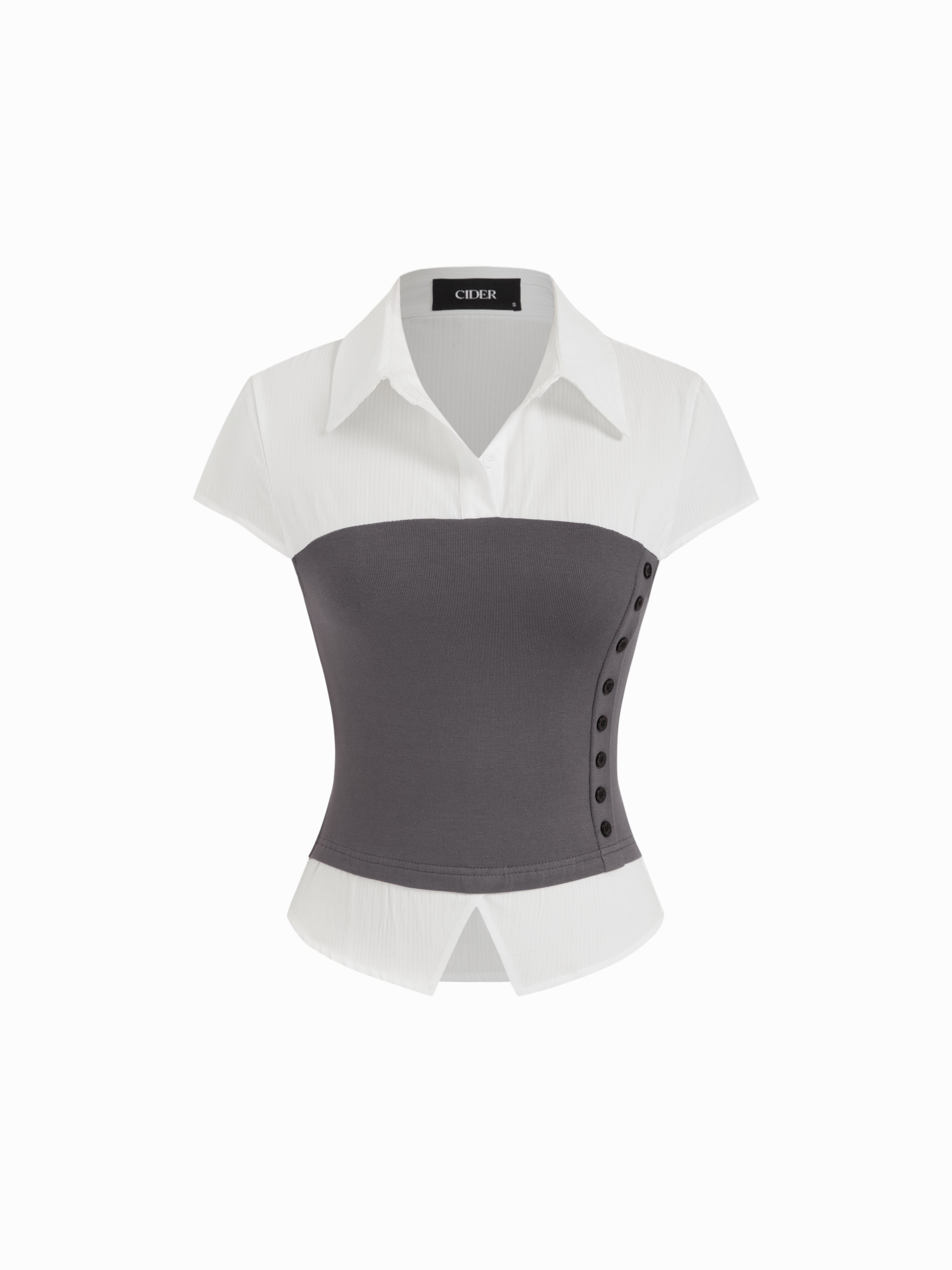 Two-Tone Mock Bustier Collared Short Sleeve Shirt by Cider