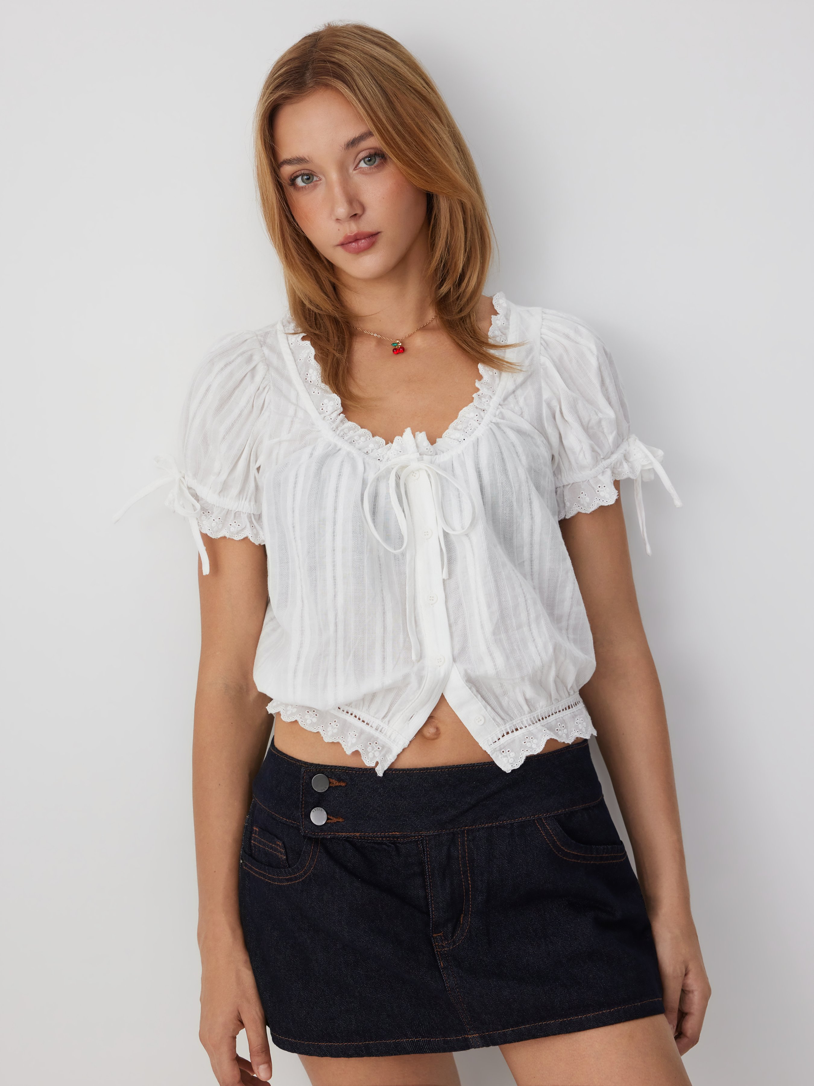 Woven Cotton-blend Square Neck Puff Sleeve Lace Panel Blouse For