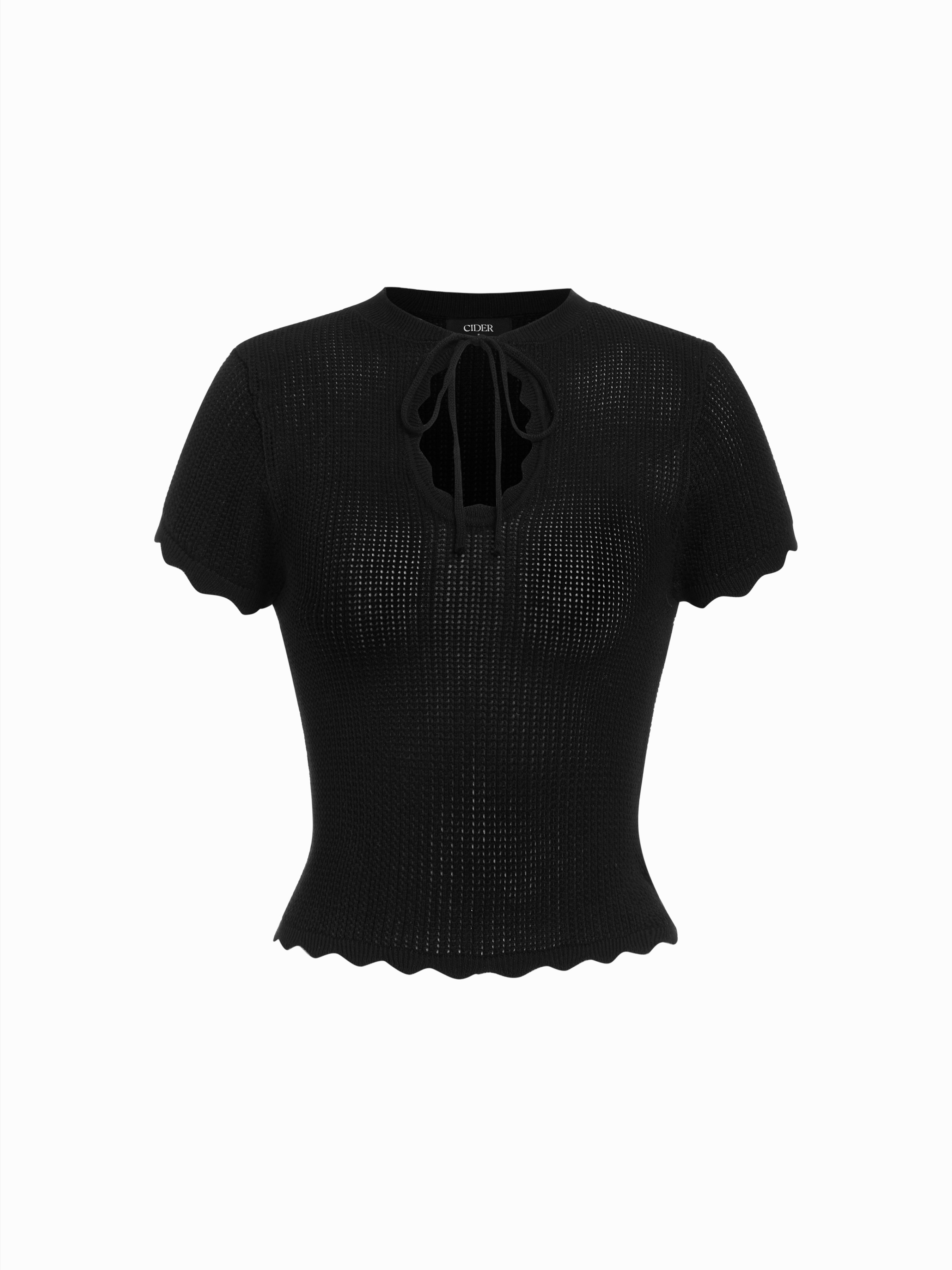 Knit Tie Front Bow Lettuce Trim Short Sleeve Top – Cider – Black
