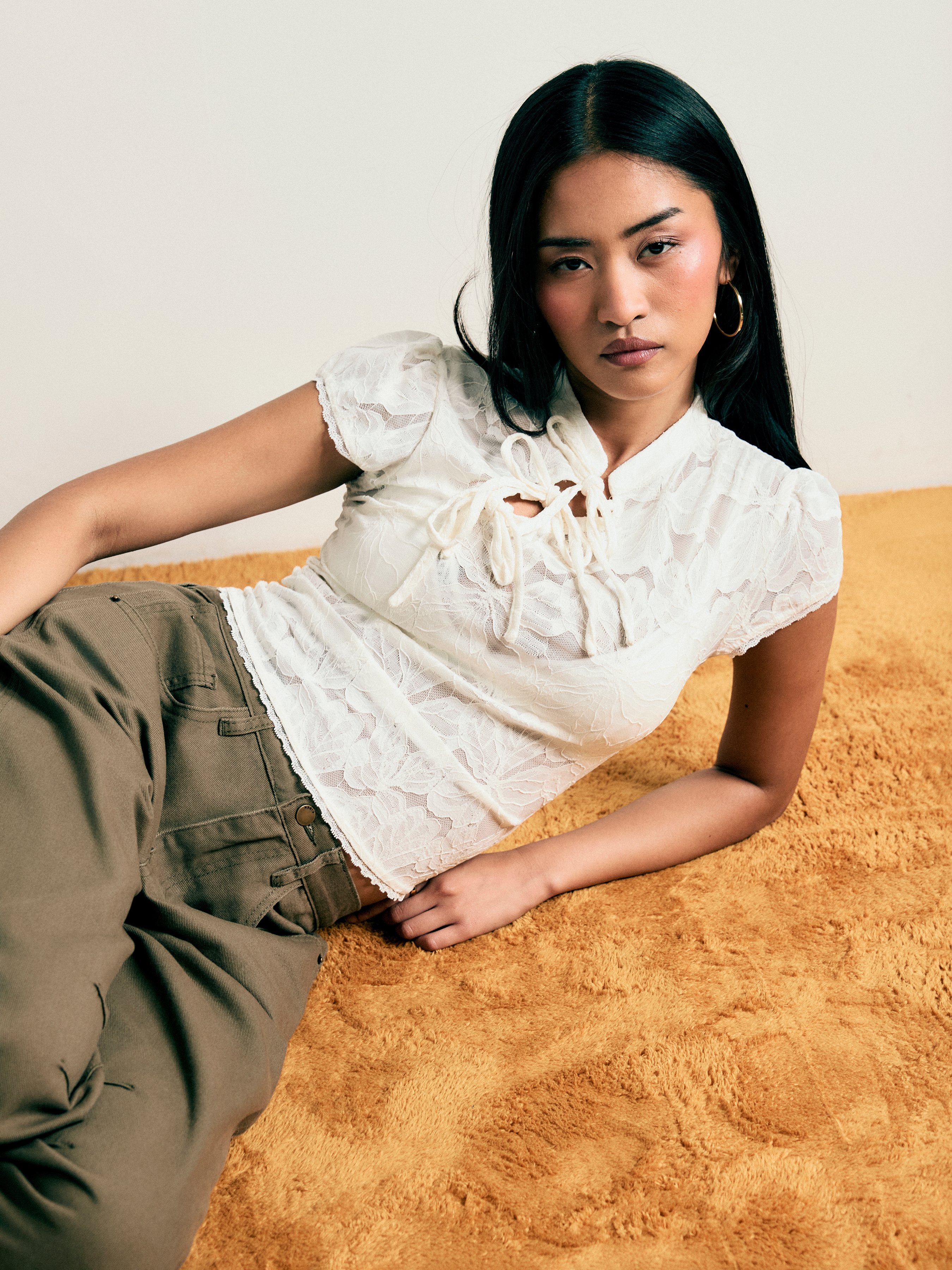 Lace Lace Floral Stand Collar Bowknot Short Sleeve Top For Daily