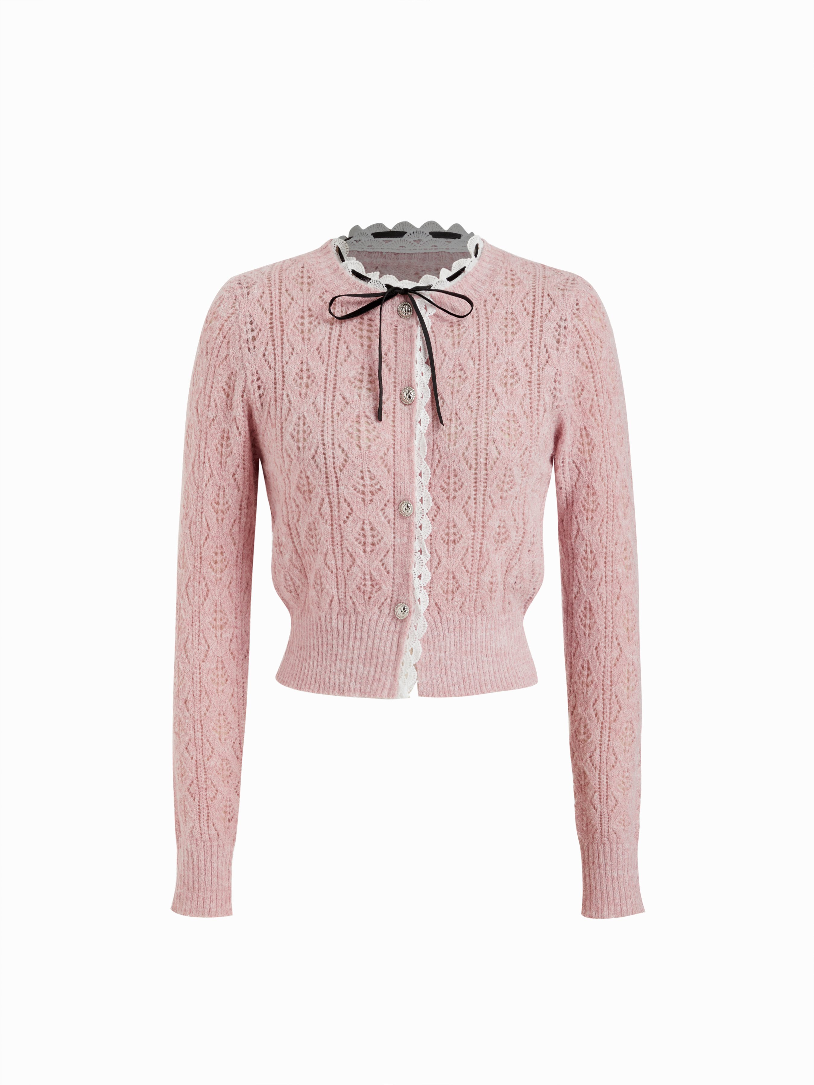 Knit Wool-blend Lace Trim Bowknot Crochet Cardigan – Cider – Pink