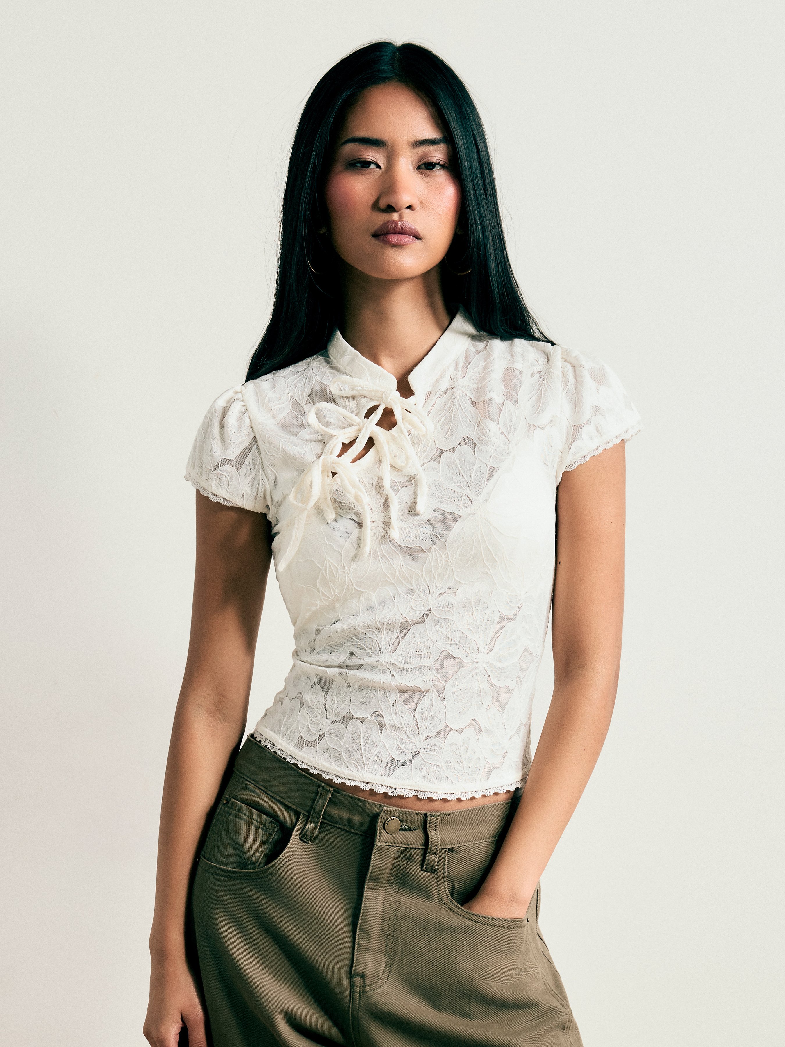 Lace Lace Floral Stand Collar Bowknot Short Sleeve Top For Daily