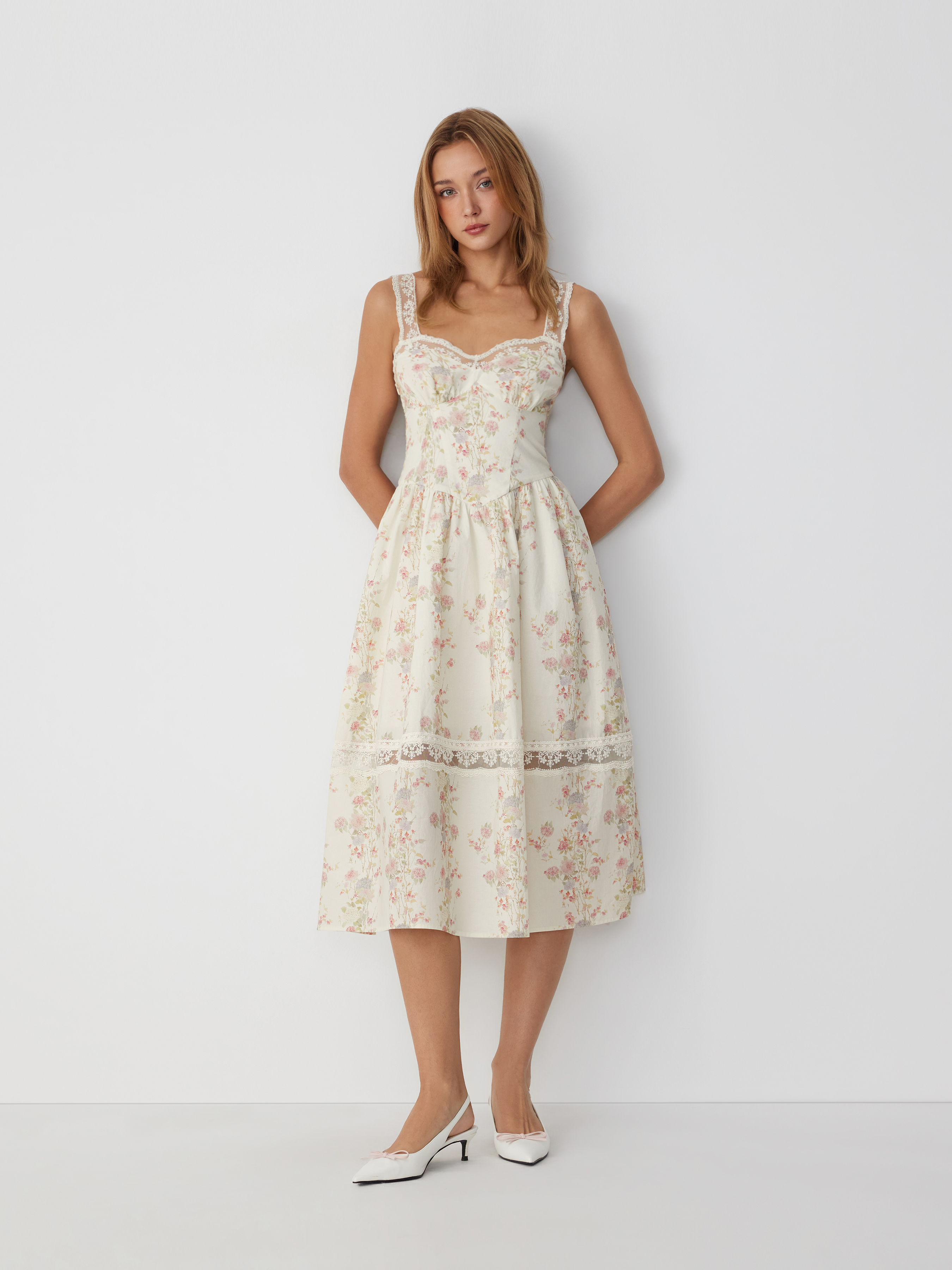 Woven Cotton-blend Floral Sweetheart Lace Trim Milkmaid Mixi Dress