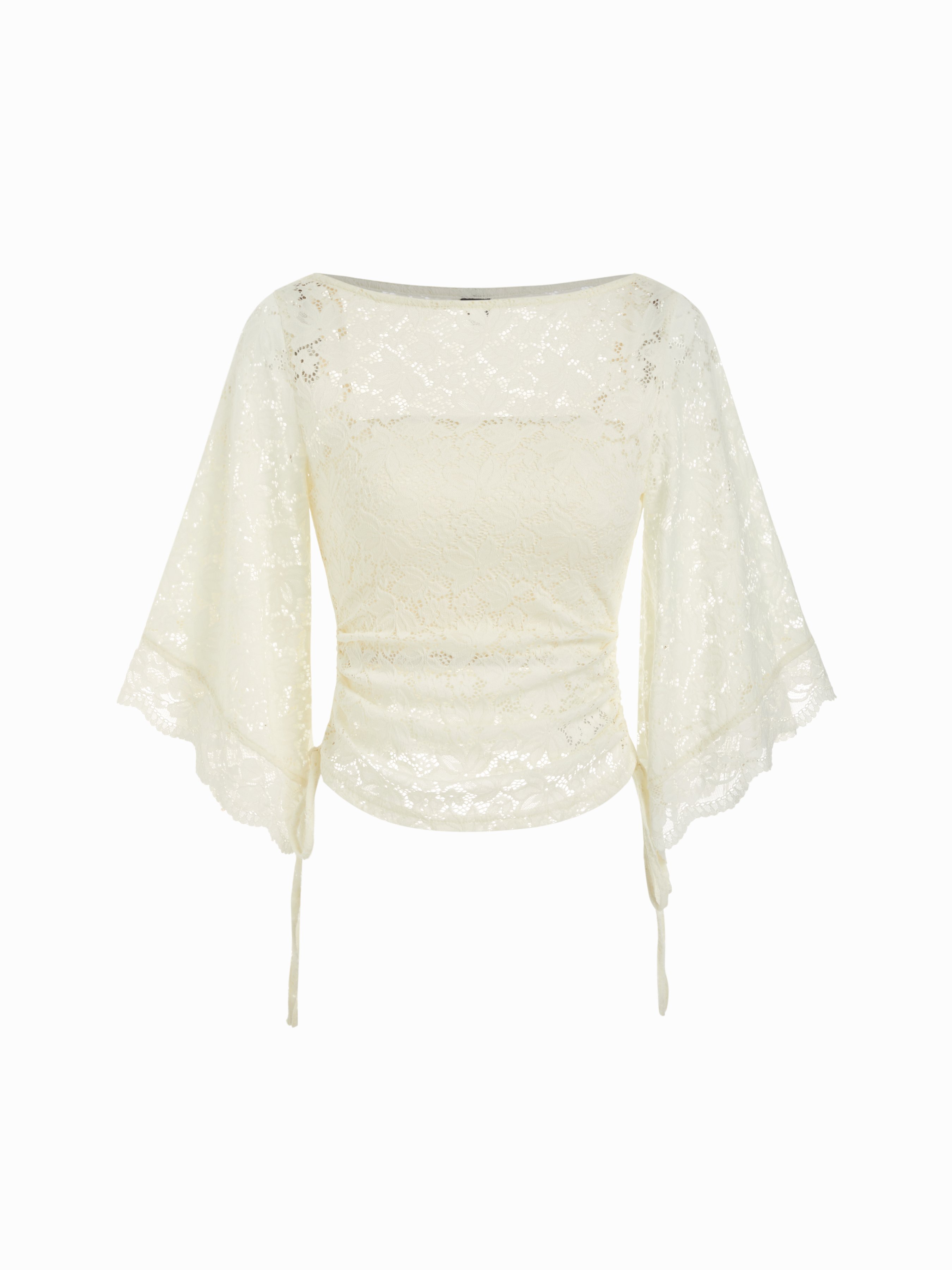 CIDER Lace Lace Boat Neck Bell Sleeve Drawstring Tee For Daily Casual Date