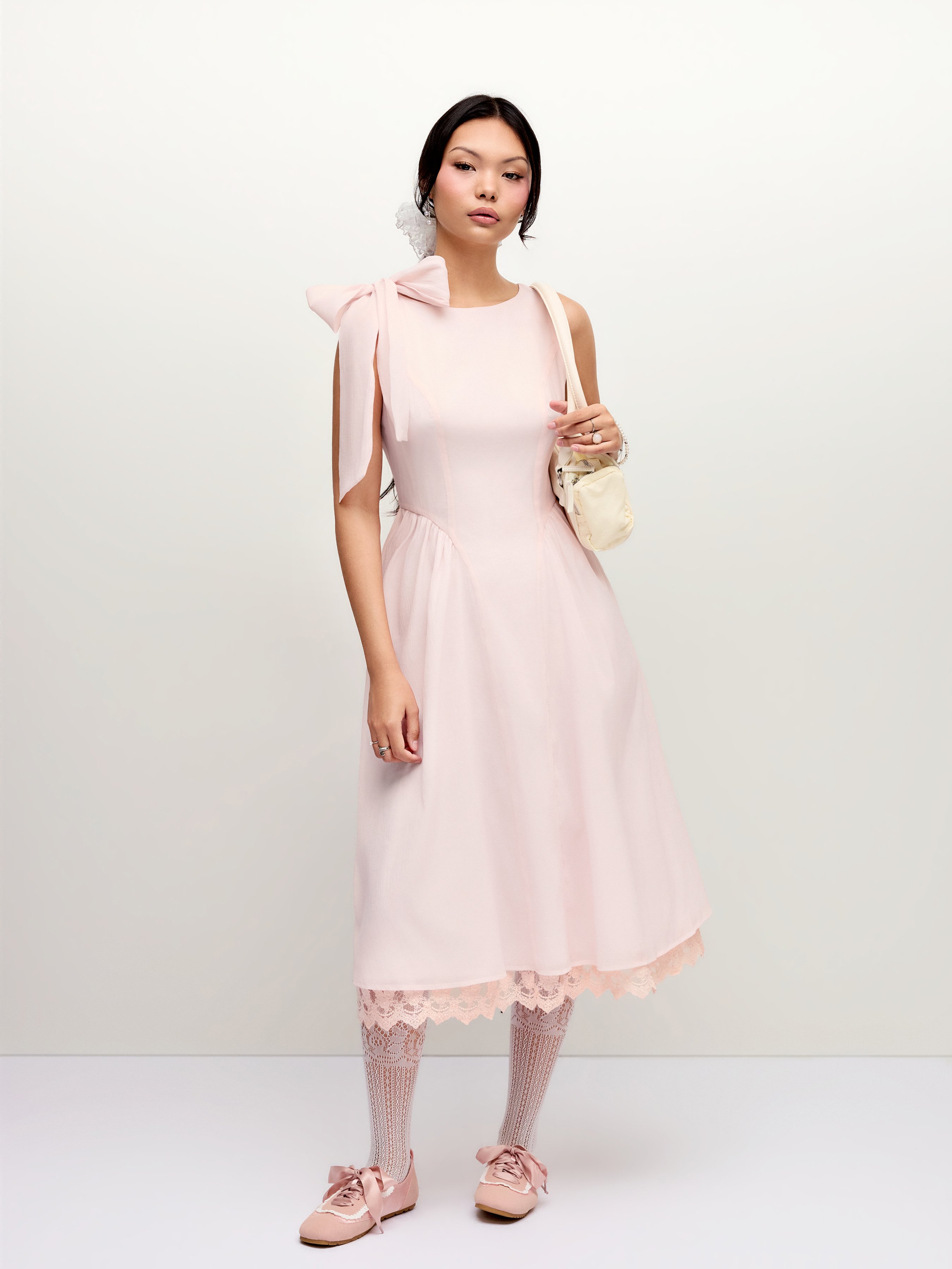 Boat Neck Bowknot Lace Trim A-Line Midi Dress by Cider