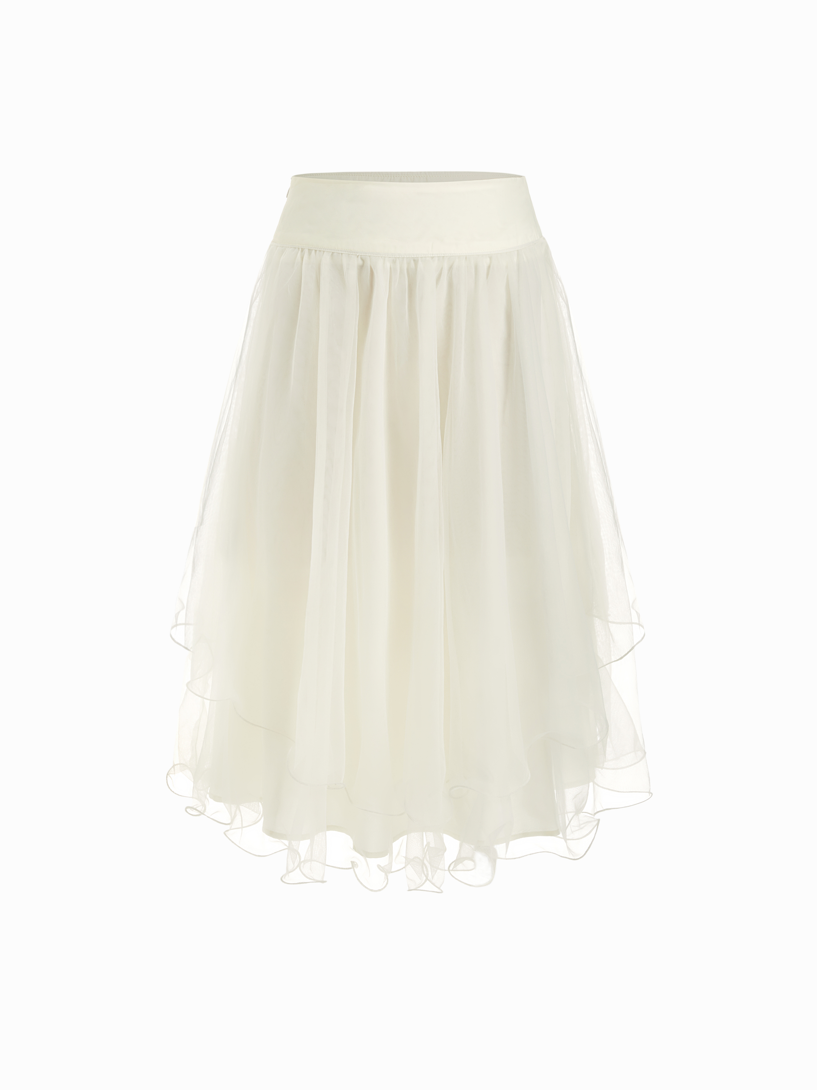 Mesh Mid Rise Ruffle Hem Layered Flared Midi Skirt by Cider