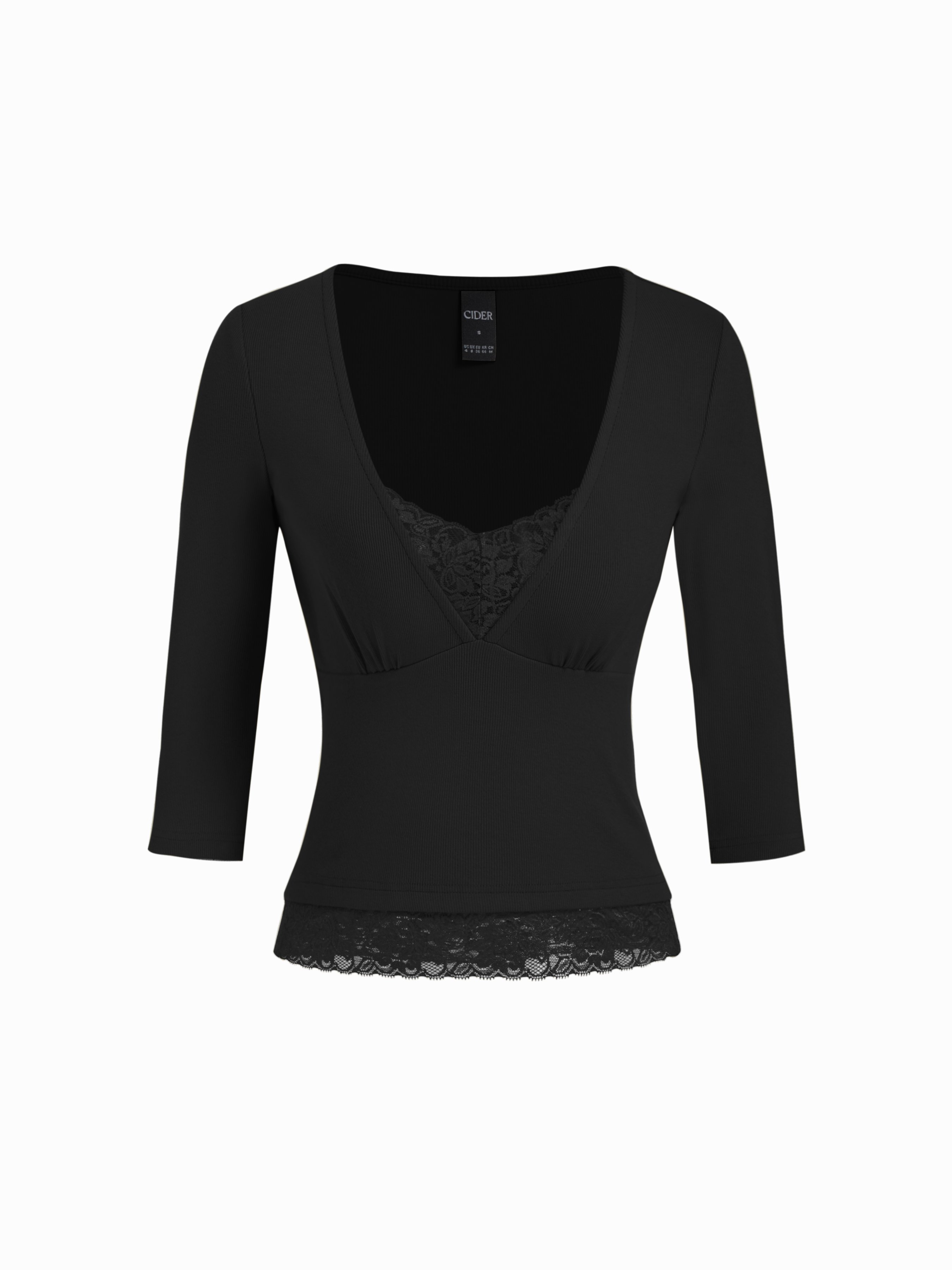 Cotton-blend V-neck Middle Sleeve Lace Trim Ruched Tee – Cider – Black