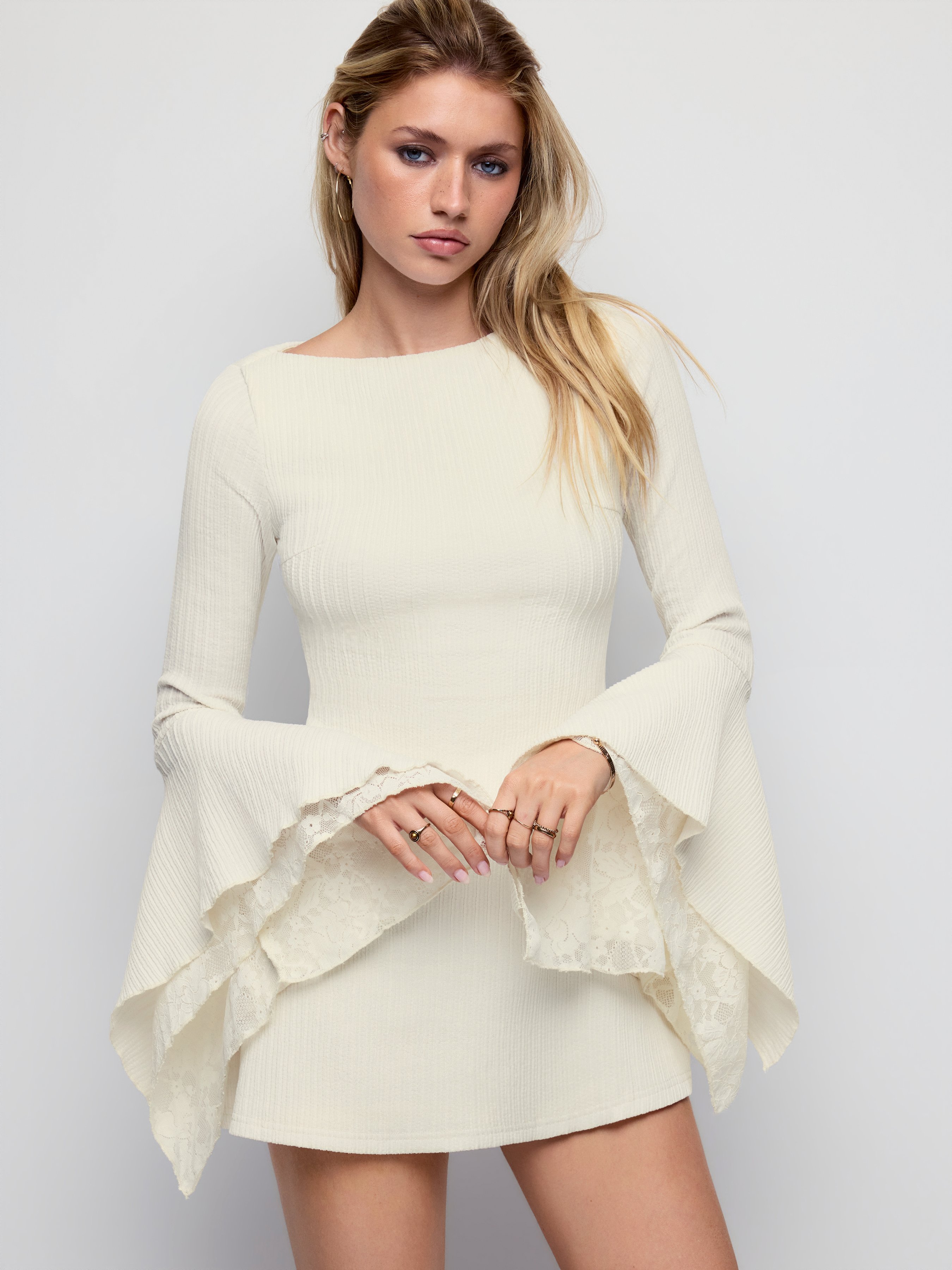 Textured Boat Neck Bell Sleeve Lace Panel A-line Mini Dress – Cider – Cream
