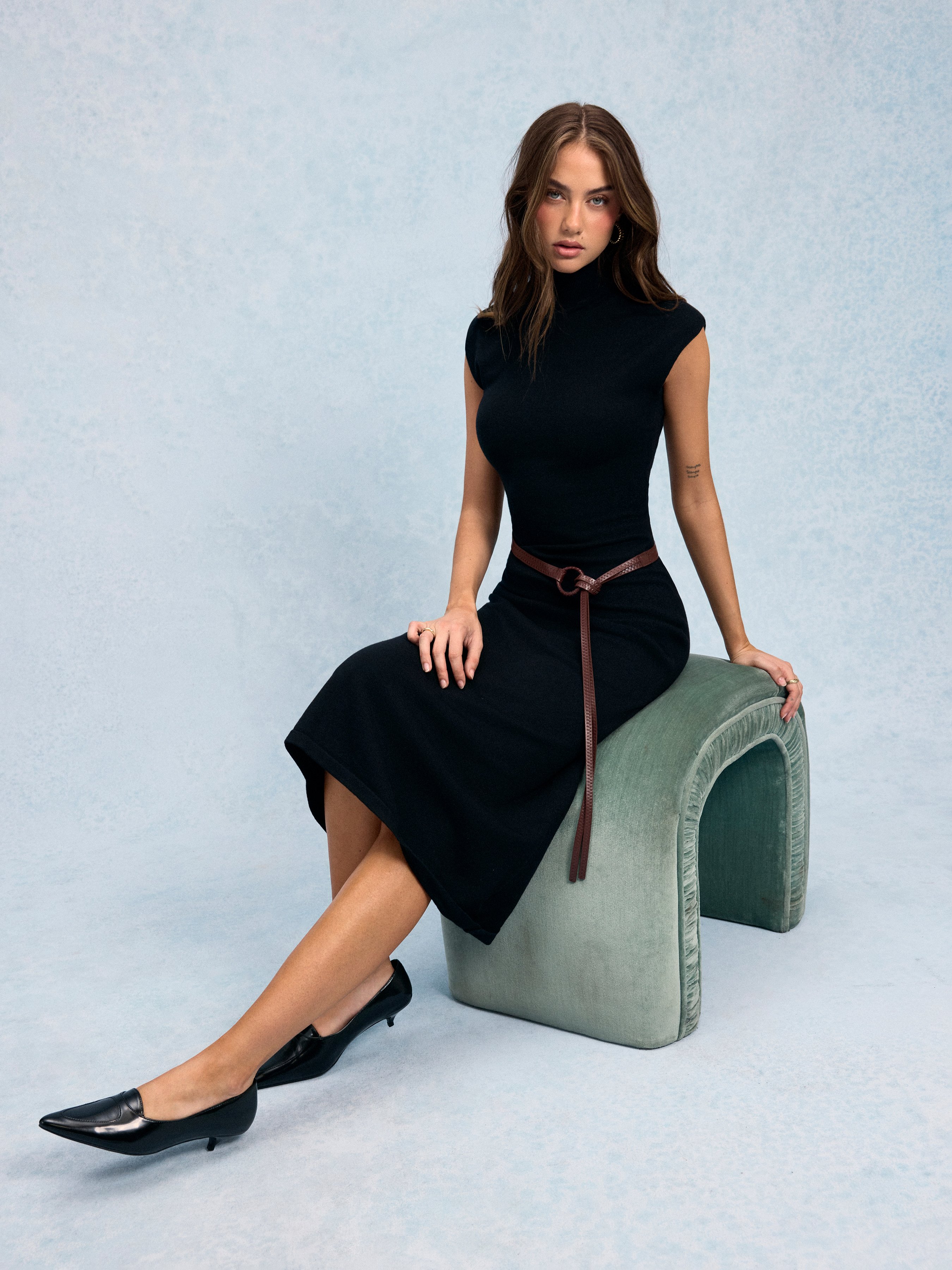 Knit High Neck Sleeve line Maxi Dress Belt