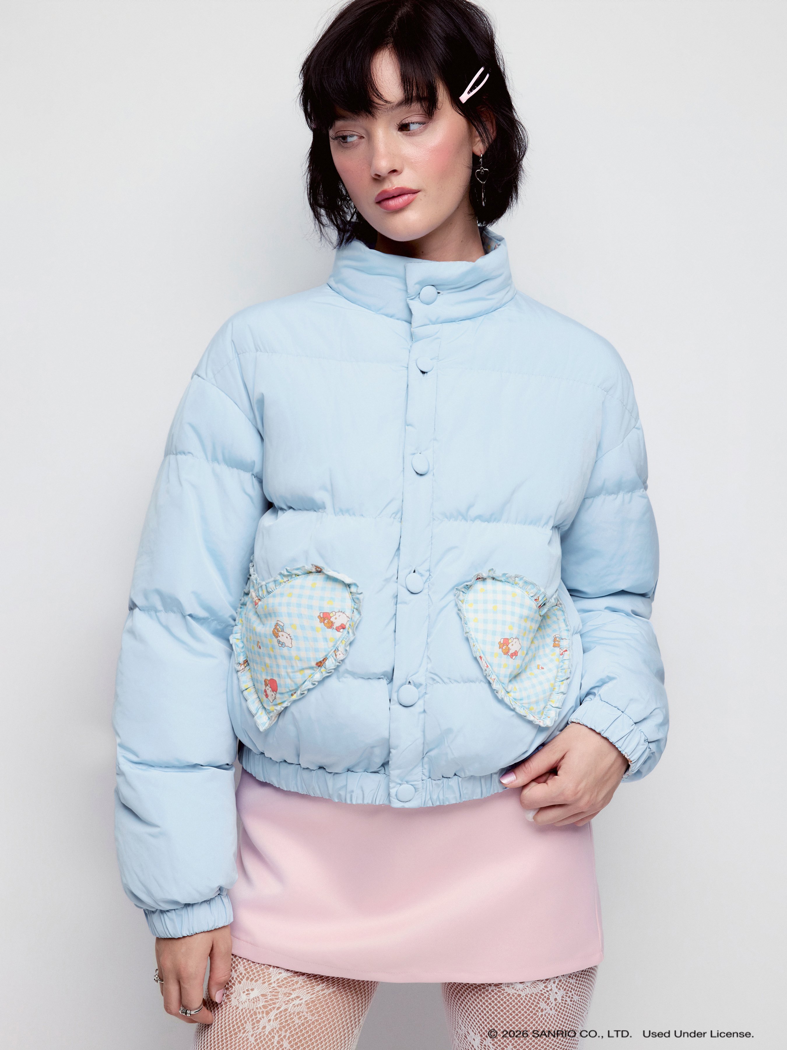 Cotton-blend Hello Kitty Graphic Gingham Stand Collar Ruched Reversible Super Oversized Puffer